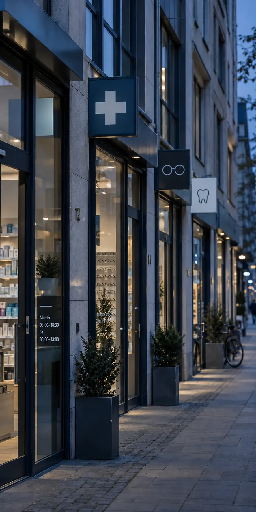 A row of physical business locations representing multi-location management