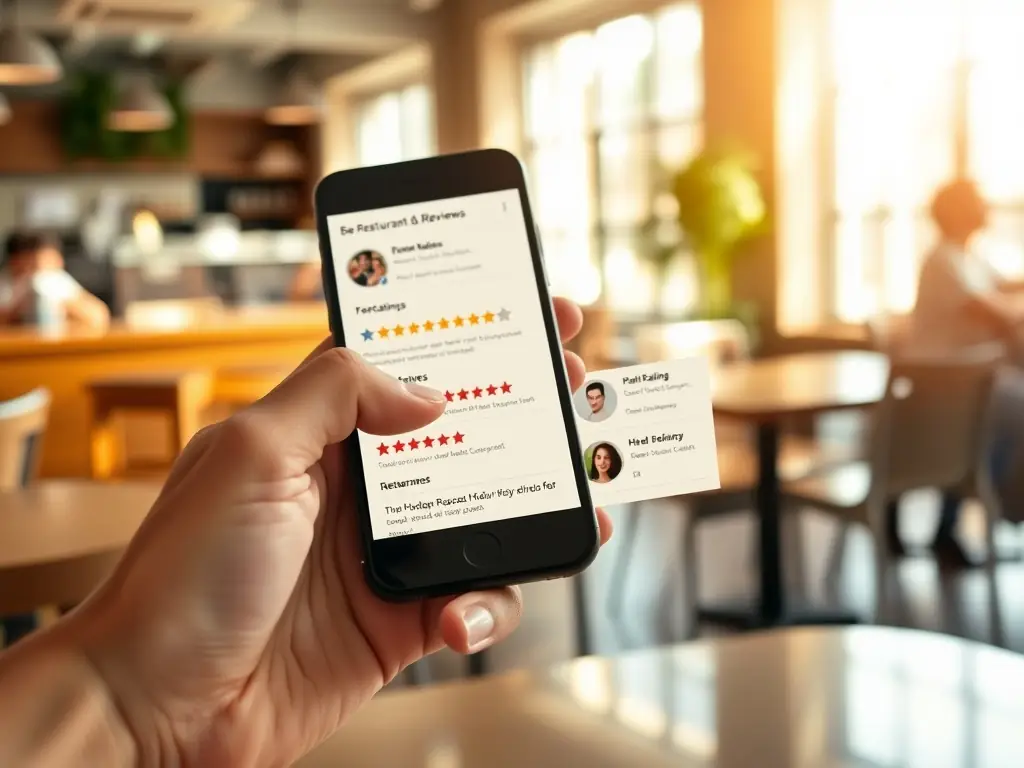 An image showing a mobile phone displaying positive customer reviews and ratings for a local business, highlighting improved customer engagement.