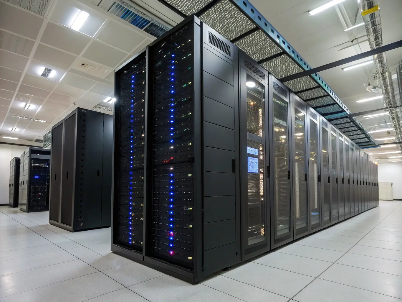 A server rack in a data center with the Google Cloud Platform (GCP) logo subtly displayed, representing the robust cloud infrastructure provided by GCP.